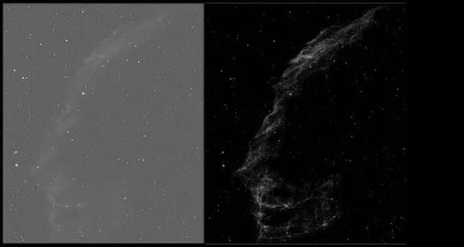 تصویر از سحابی پرده (NGC6992) با تلسکوپ 10 اینچ نیوتنی با و بدون فیلتر رصدی