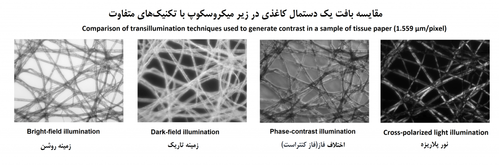 مقایسه بافت دستمال کاغذی در زیر انواع میکروسکوپ